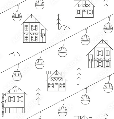 Ski resort and winter sports. alpine village outline. Seamless pattern with outline ski elevator. Vector illustration cable car.
