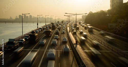 Traffic timelapse of a busy expressway in Seoul, South Korea.