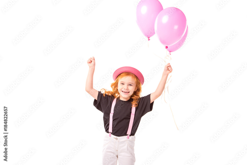 happy red hair kid standing with pink balloons isolated on white happy red hair kid standing with pink balloons isolated on white