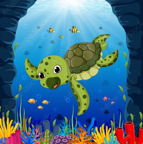 Fototapeta Naklejka Na Ścianę i Meble -  Cartoon turtle underwater