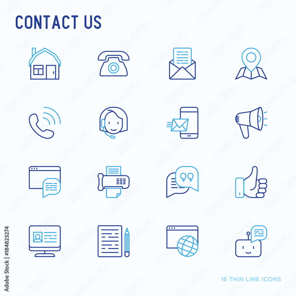 Contact us thin line icons set of telephone, fax, operator call center,  e-mail, chat bot, pointer, feedback. Modern vector illustration. Stock  Vector | Adobe Stock