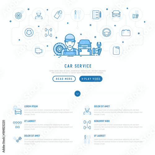 Car service concept with thin line icons of mechanic, computer diagnostics, tools, wheel, battery, transmission, jack. Modern vector illustration, template for web page.