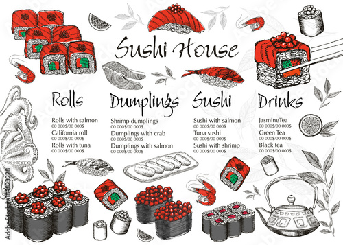 Menu hand drawn sushi illustration.