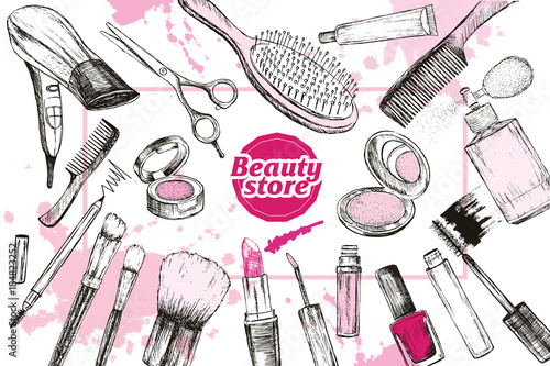 Beauty store with make up artist and hairdressing objects