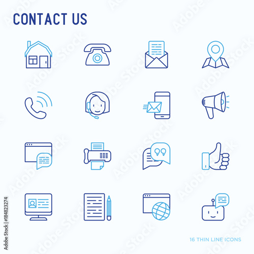 Contact us thin line icons set of telephone, fax, operator call center, e-mail, chat bot, pointer, feedback. Modern vector illustration.