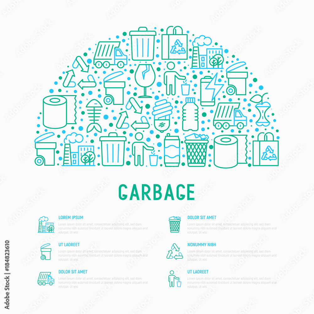 Garbage concept in half circle with thin line icons: garbage bin, organic trash, garbage truck, glass, recycled paper, aluminium, battery, plastic bottle. Modern vector illustration for web page. Garbage concept in half circle with thin line icons: garbage bin, organic trash, garbage truck, glass, recycled paper, aluminium, battery, plastic bottle. Modern vector illustration for web page.