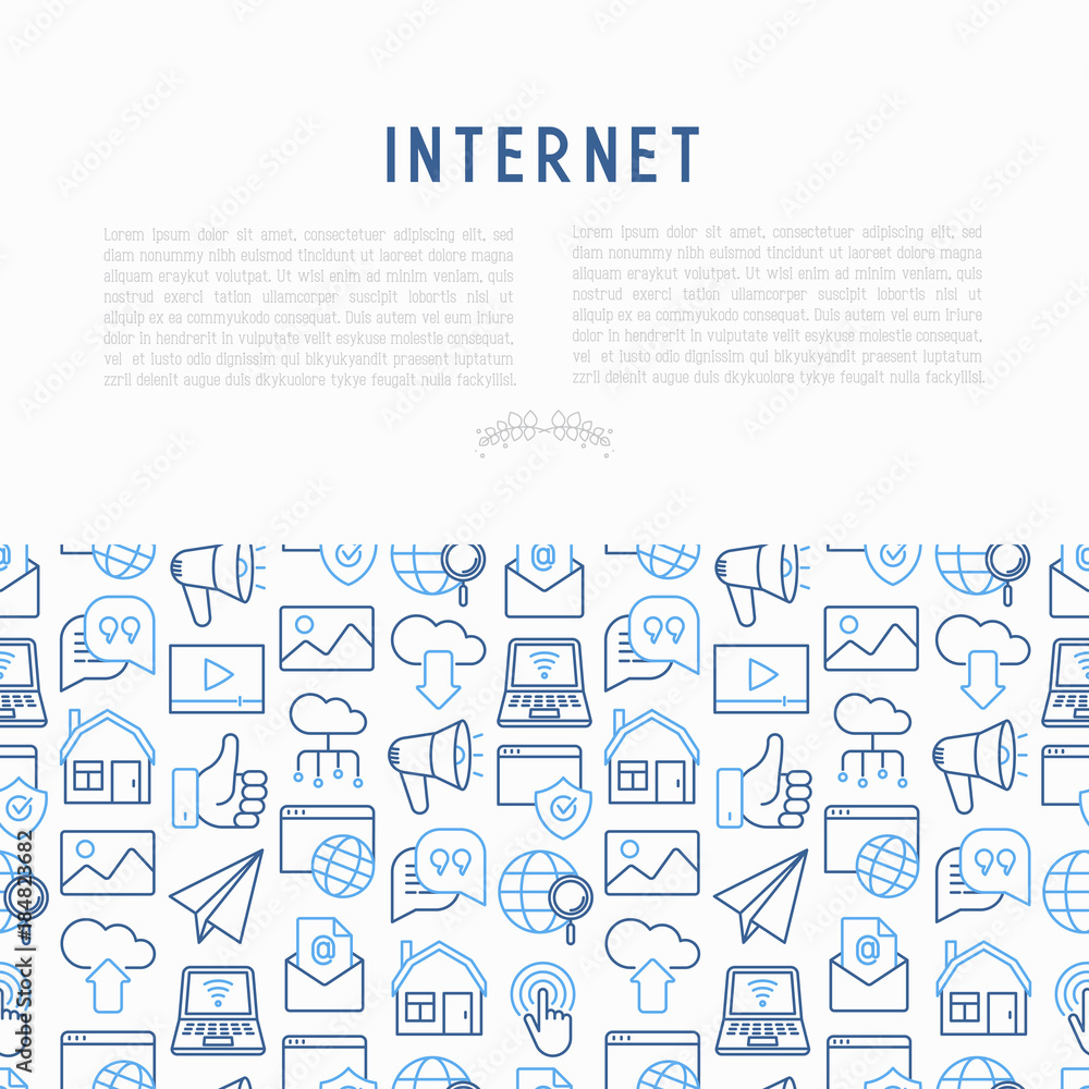 Internet concept with thin line icons: e-mail, chat, laptop, share, cloud computing, seo, download, upload, stream, global connection. Modern vector illustration for web page. Internet concept with thin line icons: e-mail, chat, laptop, share, cloud computing, seo, download, upload, stream, global connection. Modern vector illustration for web page.