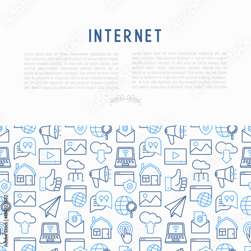 Internet concept with thin line icons: e-mail, chat, laptop, share, cloud computing, seo, download, upload, stream, global connection. Modern vector illustration for web page. © AlexBlogoodf