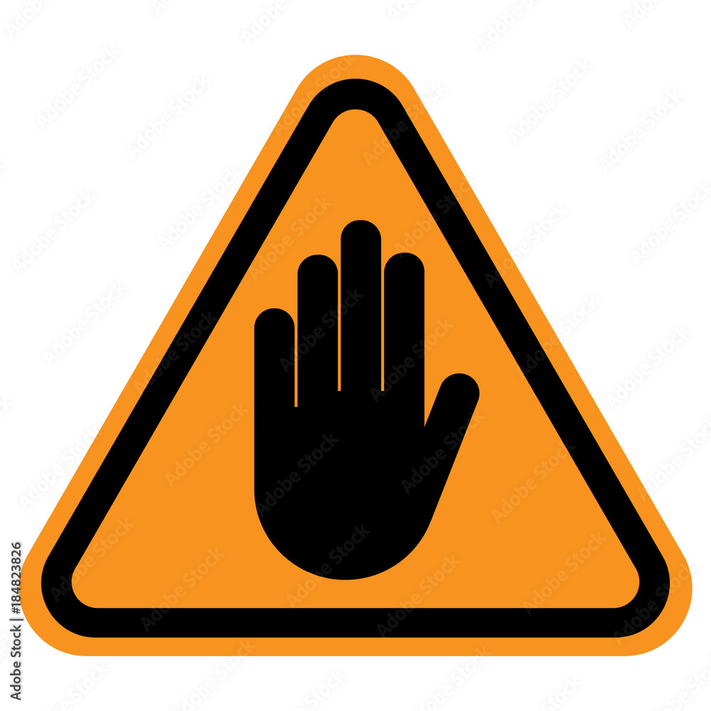 WARNING sign. STOP HAND gesture in yellow triangle. Vector icon Stock