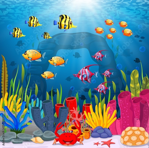 Fototapeta Naklejka Na Ścianę i Meble -  Cute fish cartoon in the sea