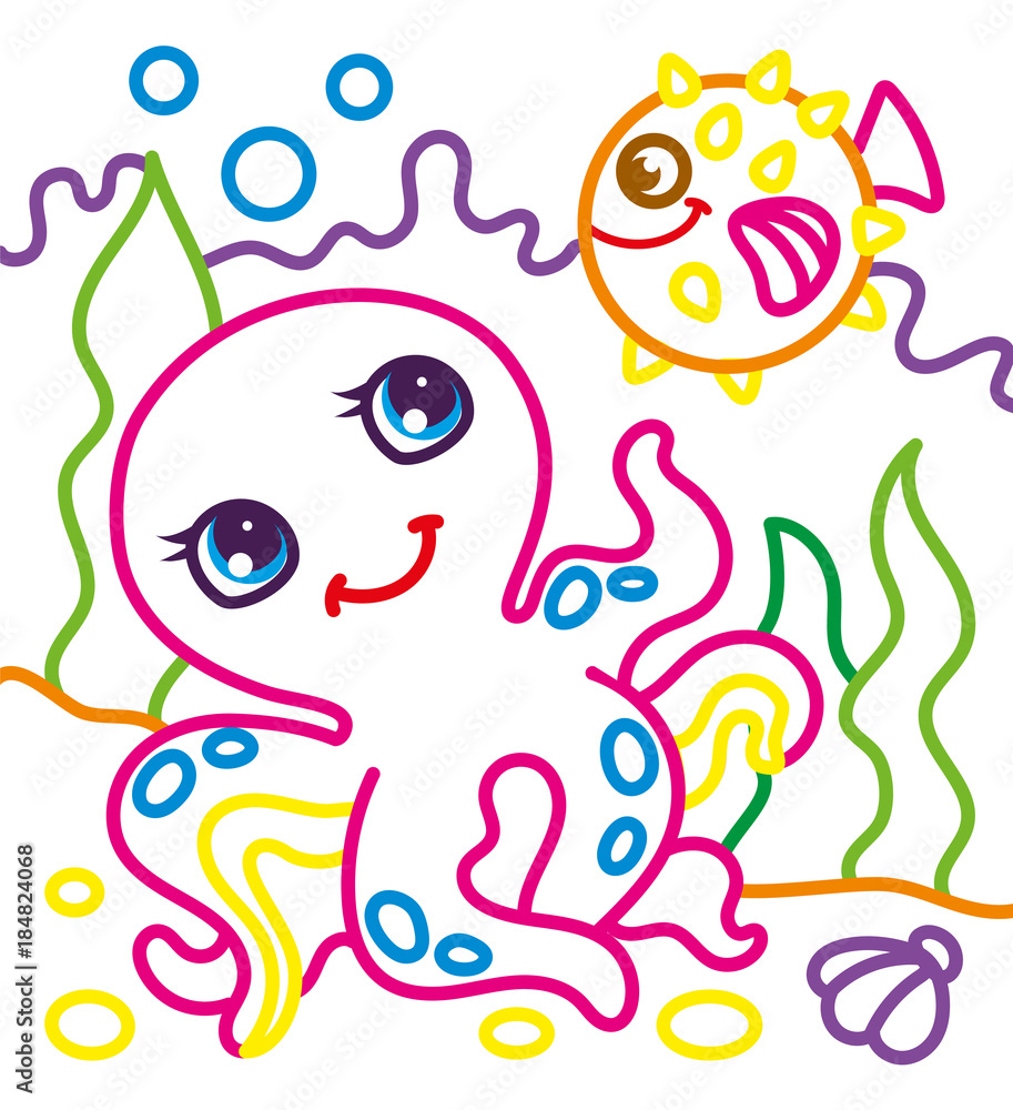 Coloring Book Of Octopus With Fish