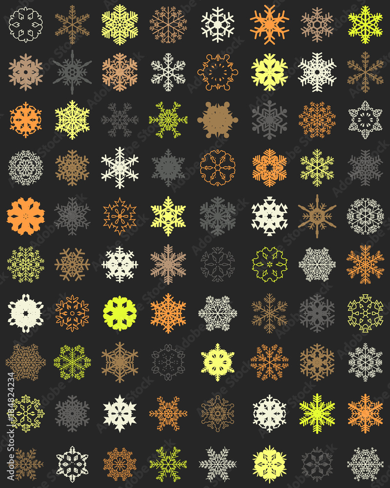Set of different colorful snowflakes on a dark background