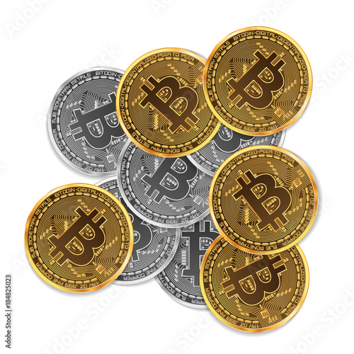 Set of mixed gold and silver crypto currency coins with bitcoin symbol on obverse isolated on white background. Vector illustration. Use for logos, print products, page and web decor or other design.