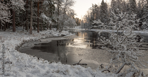 River landscape with tree forest covered by fresh snow during winter Christmas time