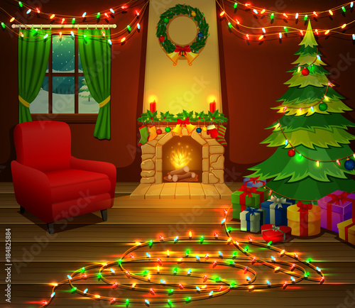 Christmas fireplace with xmas tree, presents and armchair