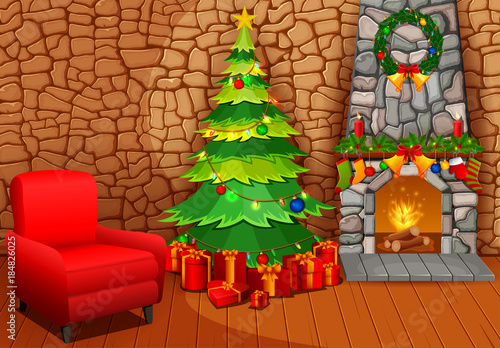 Christmas fireplace with xmas tree, presents and armchair