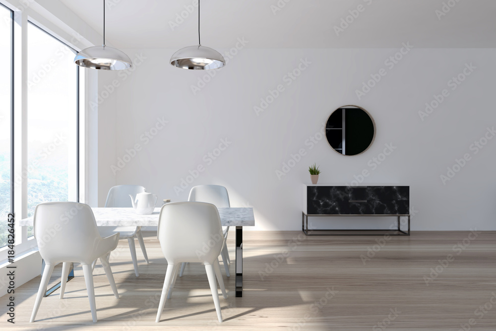 White dining room interior, marble closet White dining room interior, marble closet