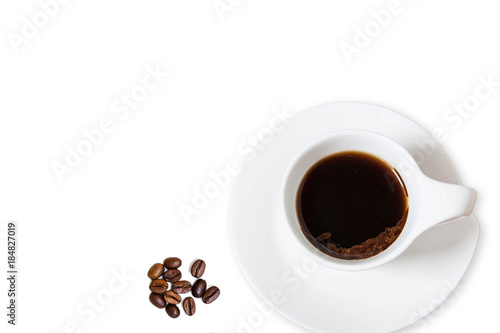 Cup of black coffee and coffee beans isolated on white background