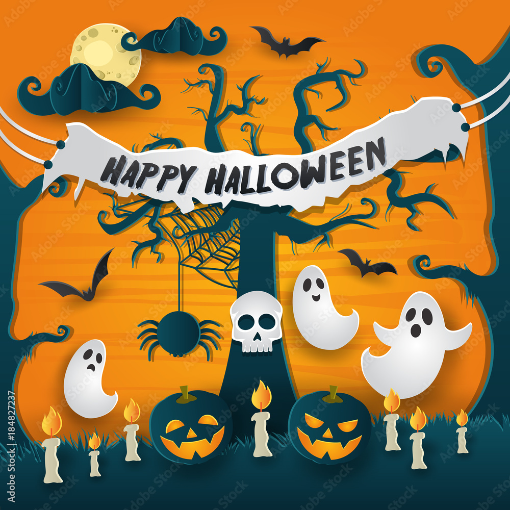 Scary Happy Halloween Paper Art Card Illustration Scary Happy Halloween Paper Art Card Illustration