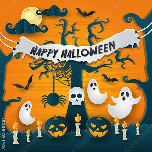 Scary Happy Halloween Paper Art Card Illustration