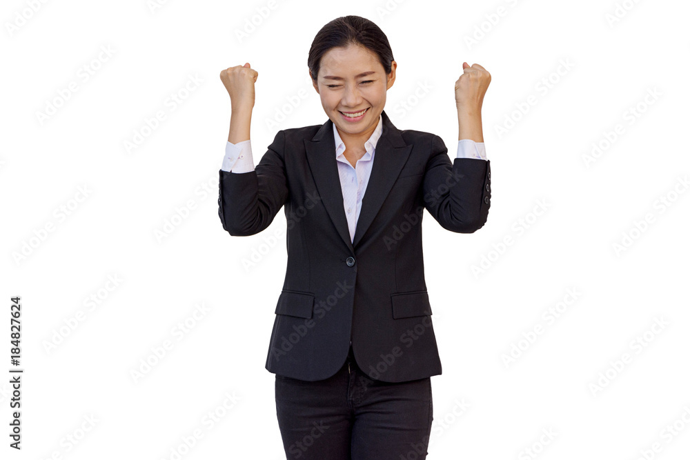happy young businesswoman with hands up, isolated background with clipping path. happy young businesswoman with hands up, isolated background with clipping path.