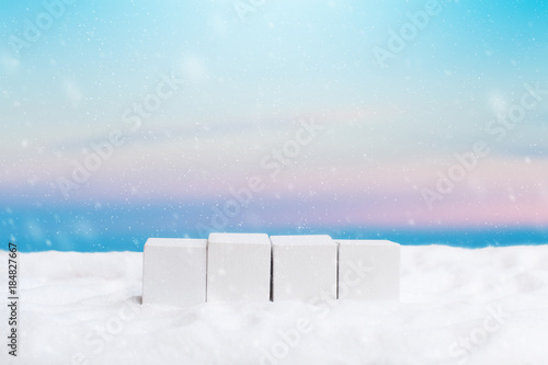 Wooden cubes with blank on the snow in winter. Merry christmas and Happy new year season with greeting card  illustration. copy space