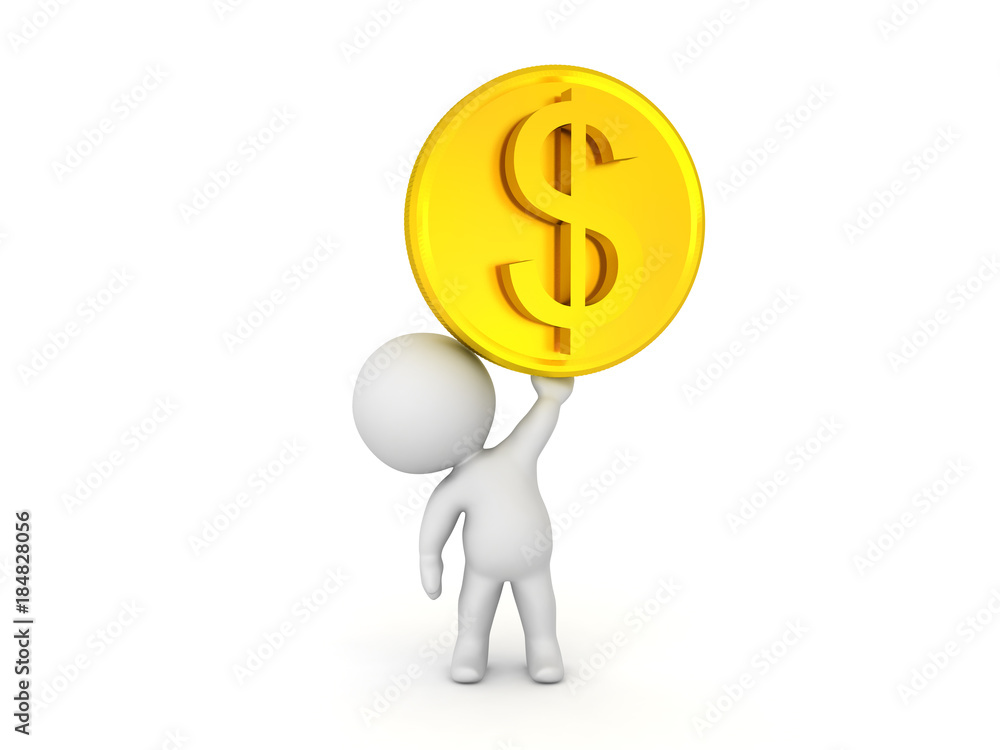 3D Character lifting up golden dollar coin 3D Character lifting up golden dollar coin