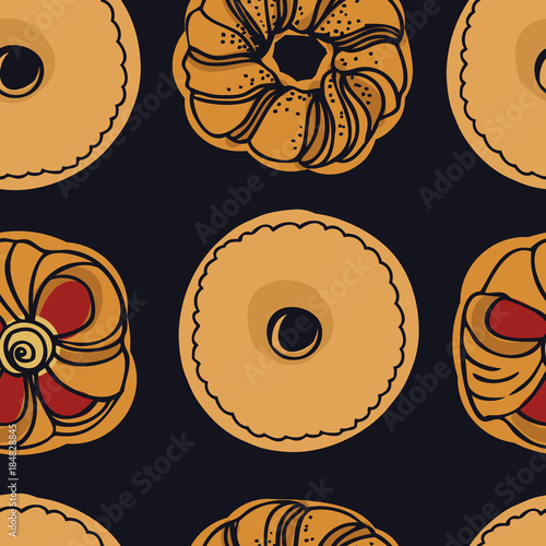 Fresh Bakery Shortbread biscuits and twisted buns Seamless pattern Dark background
