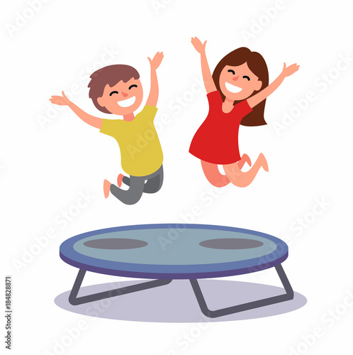 Happy boy and girl jumping.