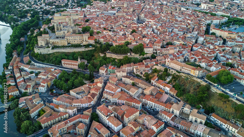 Aerial top view of Beziers town architecture and cathedral from above, South France 