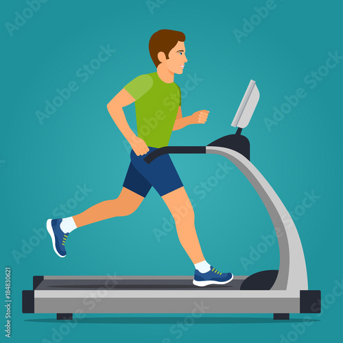 Man running on treadmill isolated. Vector flat style illustration.