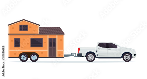 Modern Small Tiny House Building With Pick Up Truck Illustration