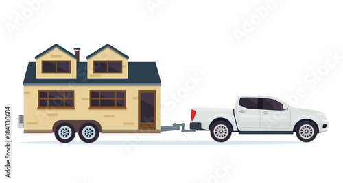 Modern Small Tiny House Building With Pick Up Truck Illustration