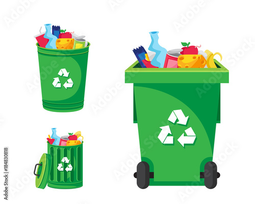 Modern Green Recycle Garbage Bin And Trash Object Illustration
