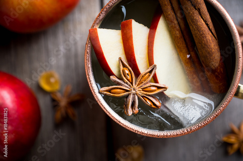 Photography Cold Moscow Mule cocktail in copper mug on the rustic background