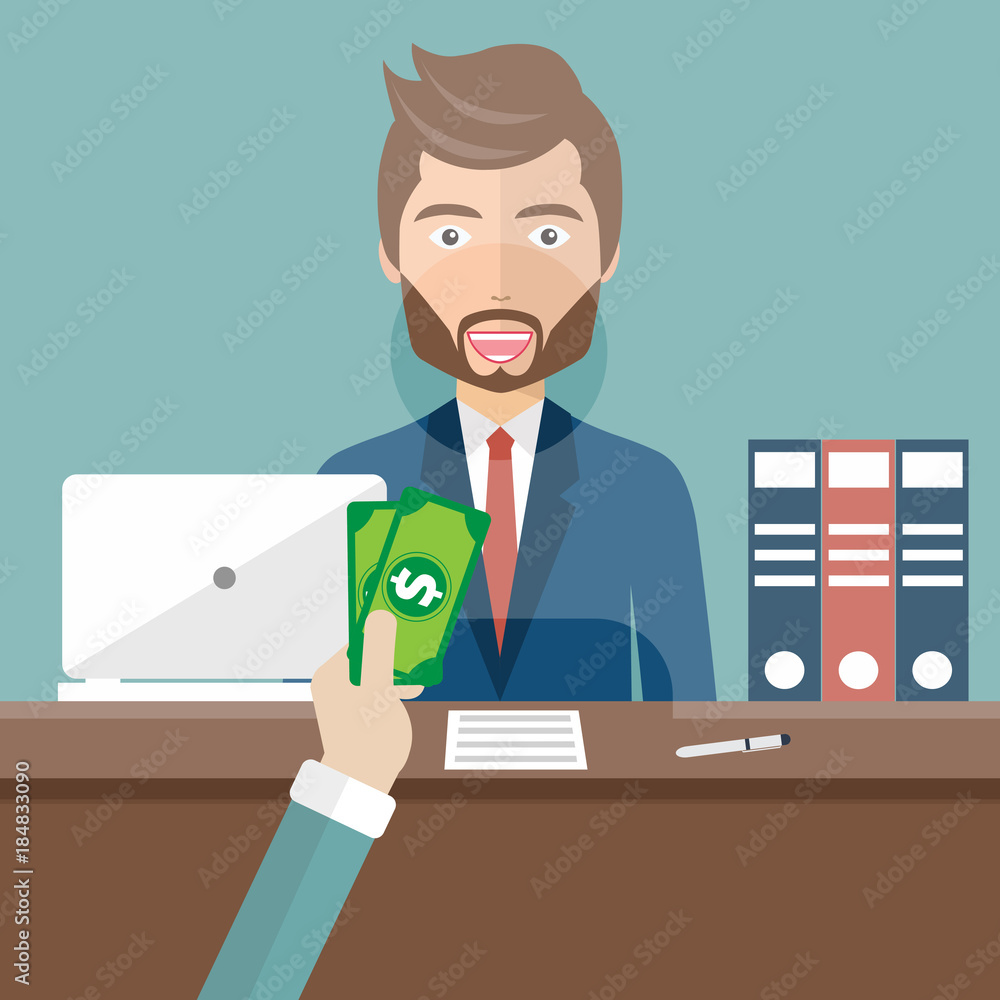 Bank teller sitting behind glass. Man clerk in a bank office receiving  money. Flat vector illustration Stock-Vektorgrafik | Adobe Stock