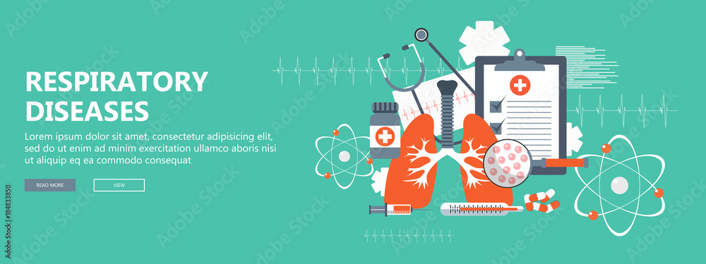 Respiratory diseases banner. Flat vector illustration - obrazy, fototapety, plakaty 