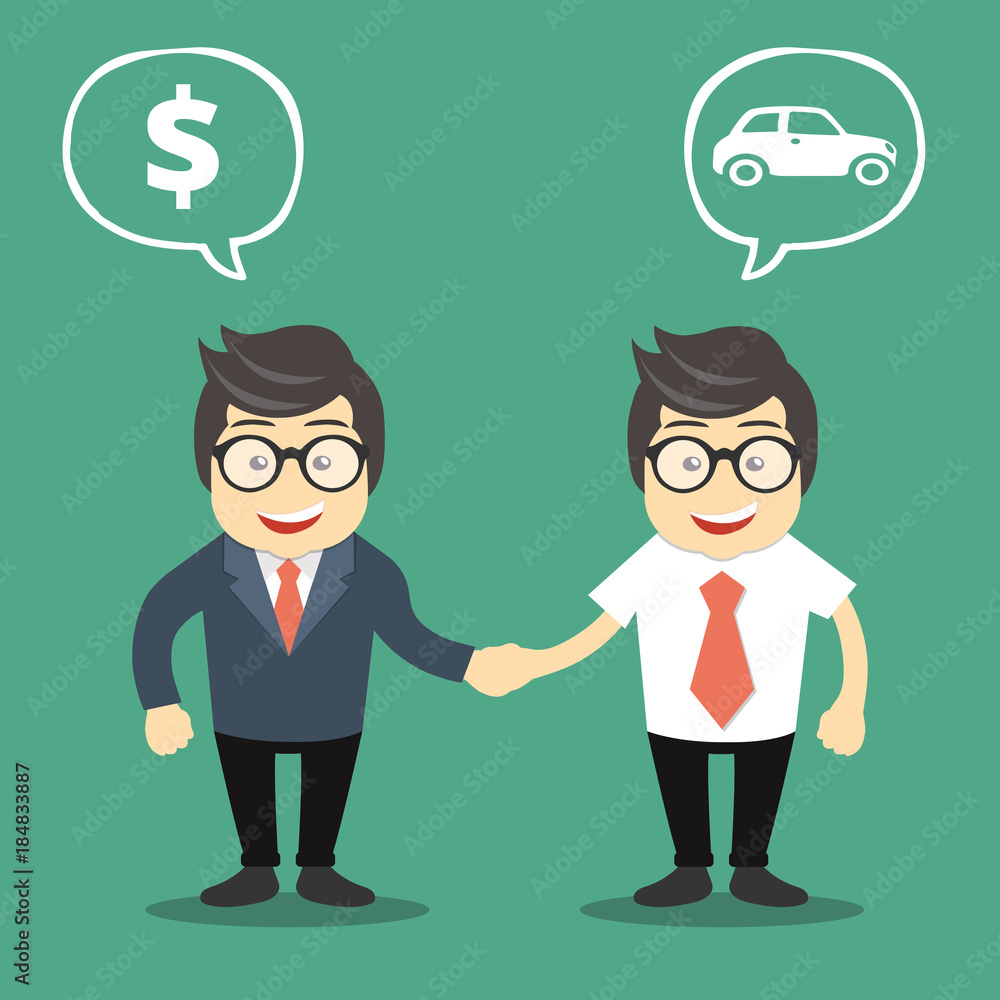 Buying a car concept. Auto dealer with new owner shaking hands. Flat vector illustration Buying a car concept. Auto dealer with new owner shaking hands. Flat vector illustration