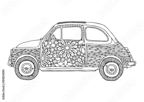 Hippie car.  Small cute car with flowers. Hand drawn picture. Sketch for anti-stress adult coloring book in zen-tangle style. Vector illustration  for coloring page.