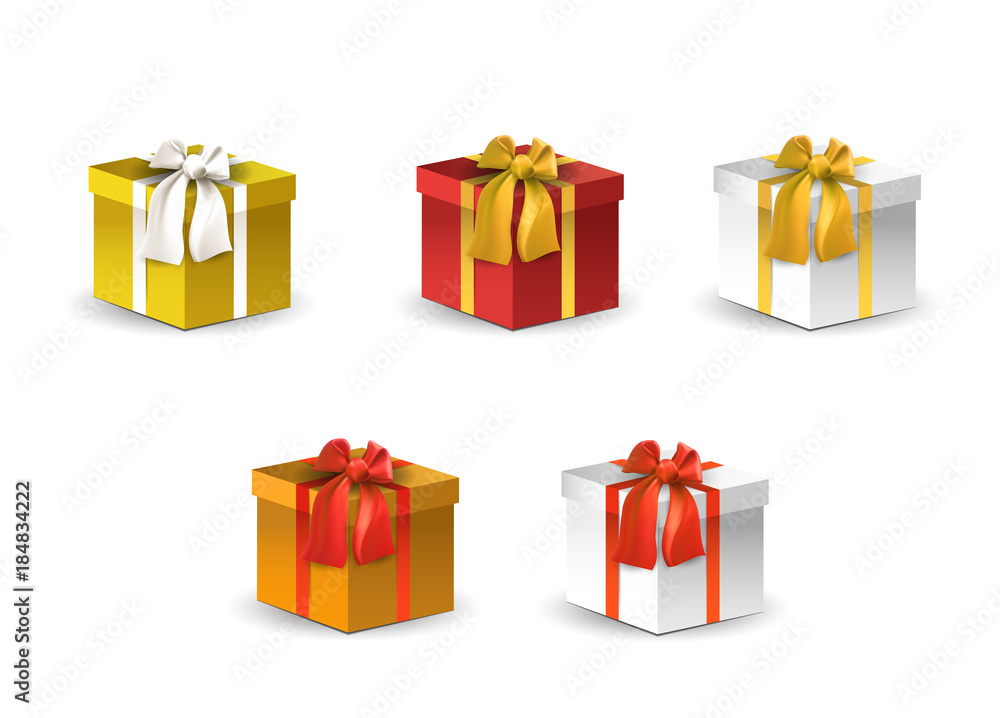 Vector set of gift boxes. Elements for greeting card of poster. Gift boxes with bows Vector set of gift boxes. Elements for greeting card of poster. Gift boxes with bows