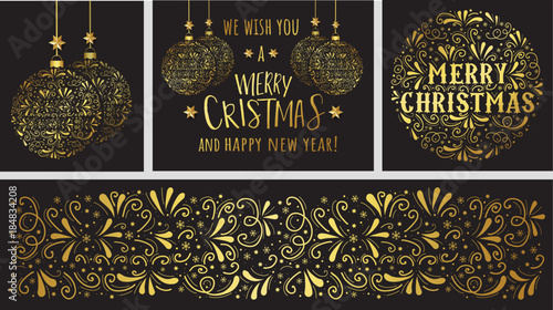 Set of gold christmas ornament on black background. Christmas greeting cards