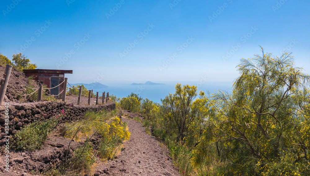 Fototapeta premium Panoramic view of Mount Vesuvius and Gulf of Naples on a summer hazy day, Campania, Italy, Europe