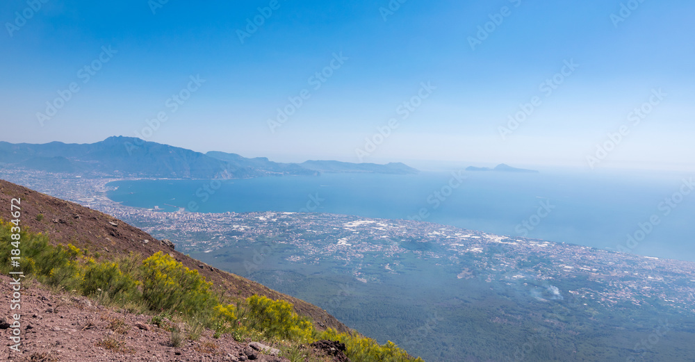 Panoramic view of Mount Vesuvius and Gulf of Naples on a summer hazy day, Campania, Italy, Europe Panoramic view of Mount Vesuvius and Gulf of Naples on a summer hazy day, Campania, Italy, Europe
