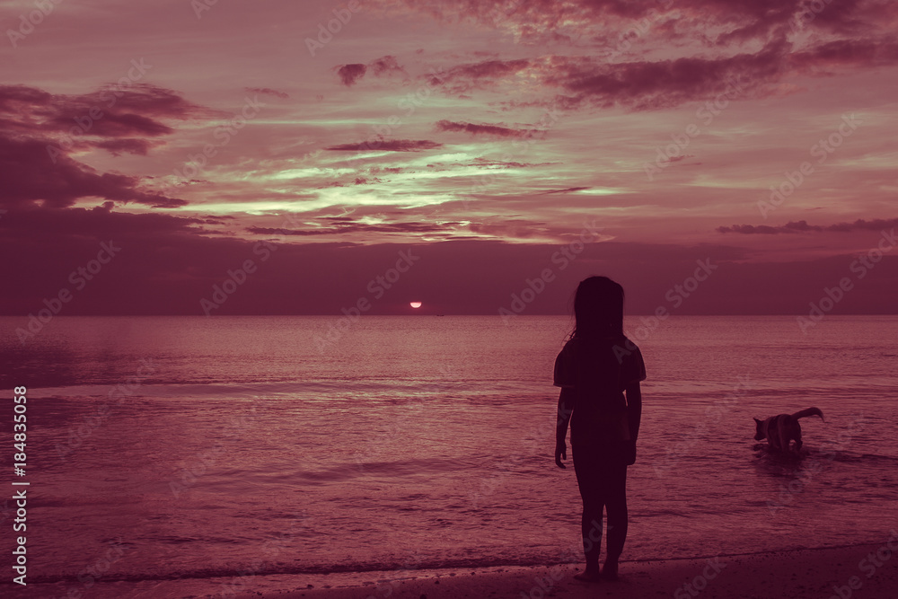Silhouette cute little girl and dog standing on the beach and looking beautiful seascape view in twilight time.