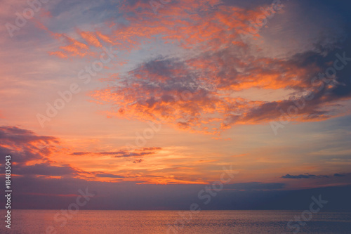 Beautiful seascape view in winter seasonal with sunset light and twilight sky at Chao Lao Beach, Chanthaburi Province, Thailand.