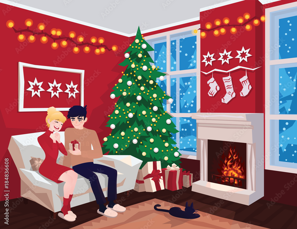 Young couple on sofa and cat in decorated guest room interior with a fireplace. Family celebration. Christmas tree, gifts. Cozy home holiday. Vector. Merry christmas. Young couple on sofa and cat in decorated guest room interior with a fireplace. Family celebration. Christmas tree, gifts. Cozy home holiday. Vector. Merry christmas.