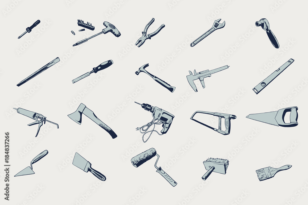 Stock vector illustration set isolated icons building tools repair, construction buildings. Adjustable wrench, ax, bit screwdriver, brush, calipes, chrisel, drill, hacksaw, hummer, key ratchet, level.