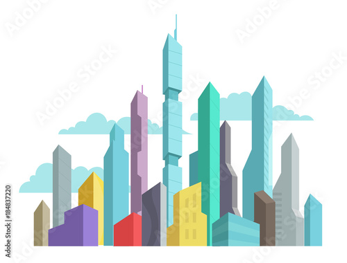 Future invented city skyscraper panorama high-rise buildings vector stock colorful illustration. Modern architecture landscape.