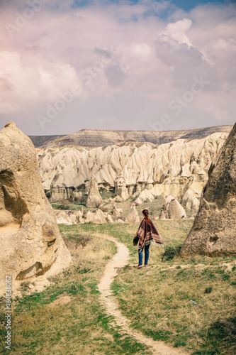 Path in a valley and a traveler in Cappadocia