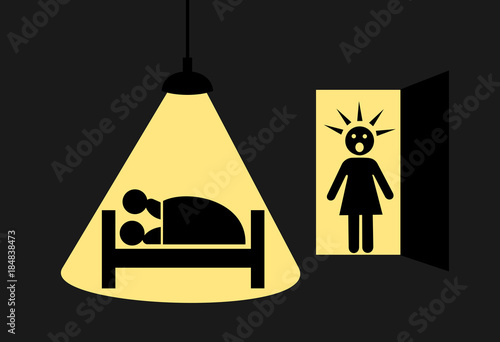 Wife / girlfriend reveals cheating, infidelity and adultery. Partner is having sex with mistress in bed in the bedroom. Shock and unexpected discover of adulterous sex affair and betrayal